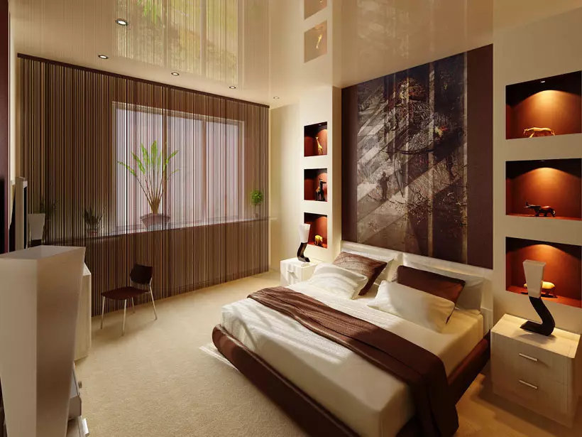 Dormitorul de decorare (63 poze): decoratiuni de perete cu lemn si clase, ziduri din caramida din piatra decorativa si gresie in dormitoare interioare din apartament, alte optiuni 9886_40