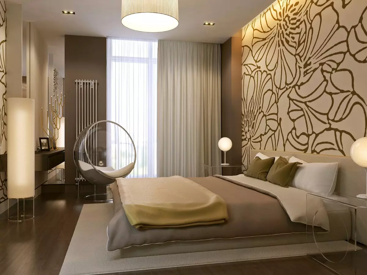Slaapkamer in beige tonen (89 foto's): interieurontwerp met gordijnen en behang beige. Hoe wordt het gecombineerd met blauwe en grijze tonen? Heldere accenten op de muren maken 9889_33
