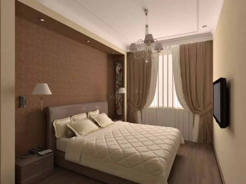 Slaapkamer in beige tonen (89 foto's): interieurontwerp met gordijnen en behang beige. Hoe wordt het gecombineerd met blauwe en grijze tonen? Heldere accenten op de muren maken 9889_34