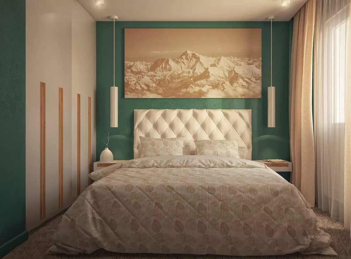 Slaapkamer in beige tonen (89 foto's): interieurontwerp met gordijnen en behang beige. Hoe wordt het gecombineerd met blauwe en grijze tonen? Heldere accenten op de muren maken 9889_36