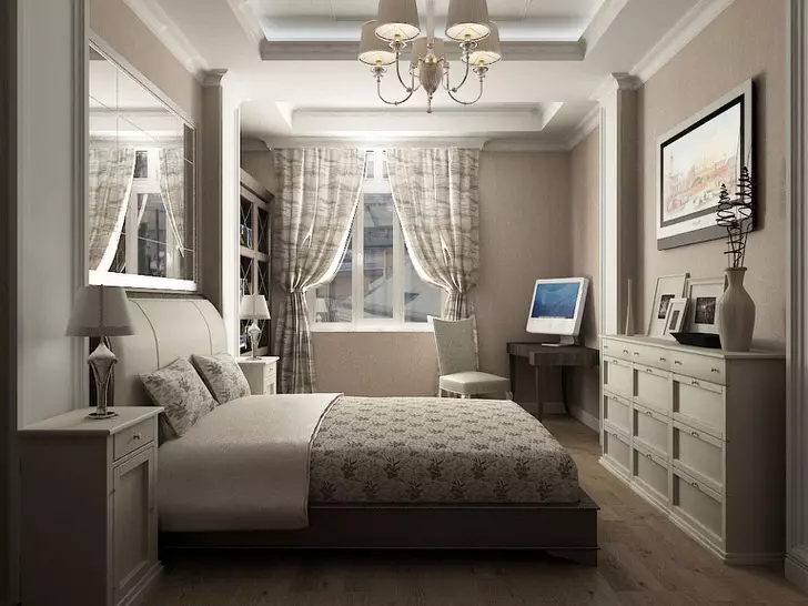 Slaapkamer in beige tonen (89 foto's): interieurontwerp met gordijnen en behang beige. Hoe wordt het gecombineerd met blauwe en grijze tonen? Heldere accenten op de muren maken 9889_49