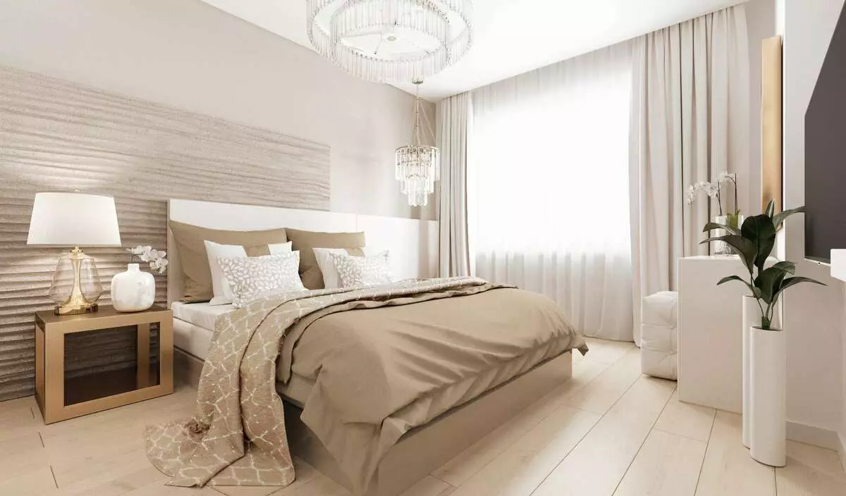 Slaapkamer in beige tonen (89 foto's): interieurontwerp met gordijnen en behang beige. Hoe wordt het gecombineerd met blauwe en grijze tonen? Heldere accenten op de muren maken 9889_50