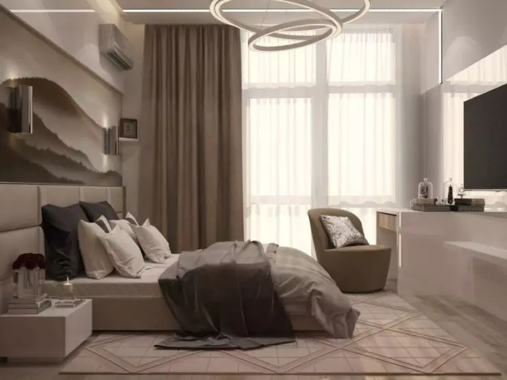 Slaapkamer in beige tonen (89 foto's): interieurontwerp met gordijnen en behang beige. Hoe wordt het gecombineerd met blauwe en grijze tonen? Heldere accenten op de muren maken 9889_6