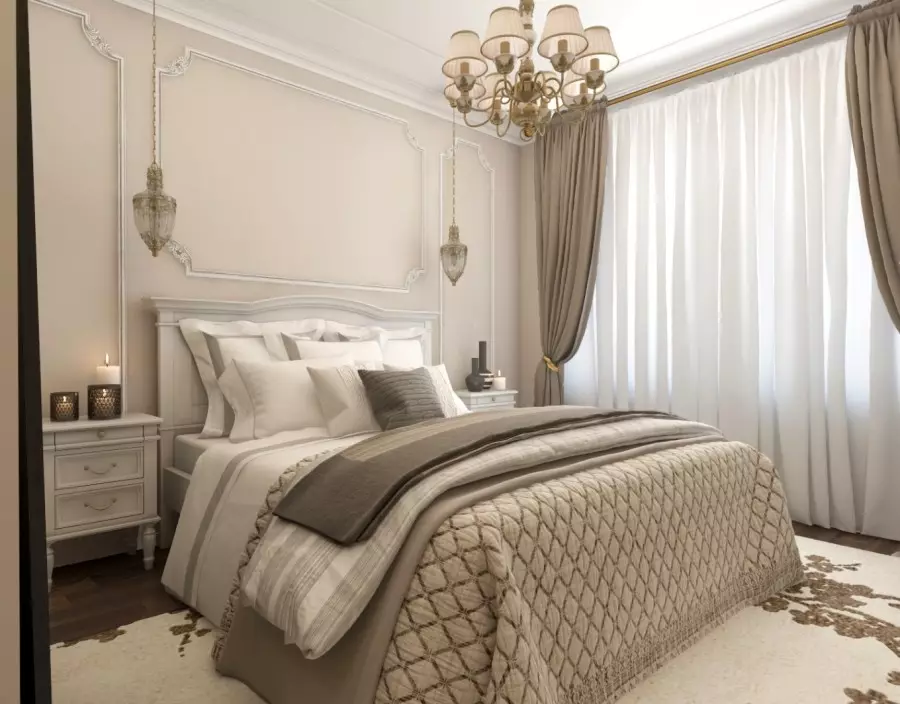 Slaapkamer in beige tonen (89 foto's): interieurontwerp met gordijnen en behang beige. Hoe wordt het gecombineerd met blauwe en grijze tonen? Heldere accenten op de muren maken 9889_77