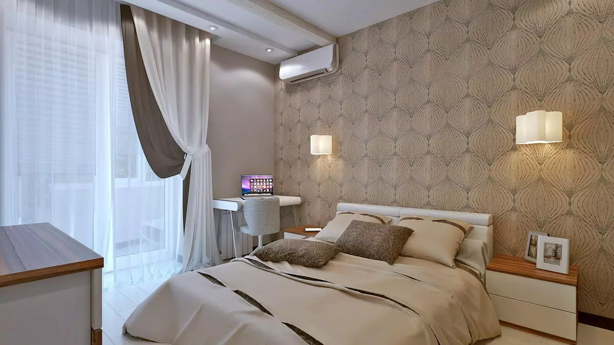 Slaapkamer in beige tonen (89 foto's): interieurontwerp met gordijnen en behang beige. Hoe wordt het gecombineerd met blauwe en grijze tonen? Heldere accenten op de muren maken 9889_8