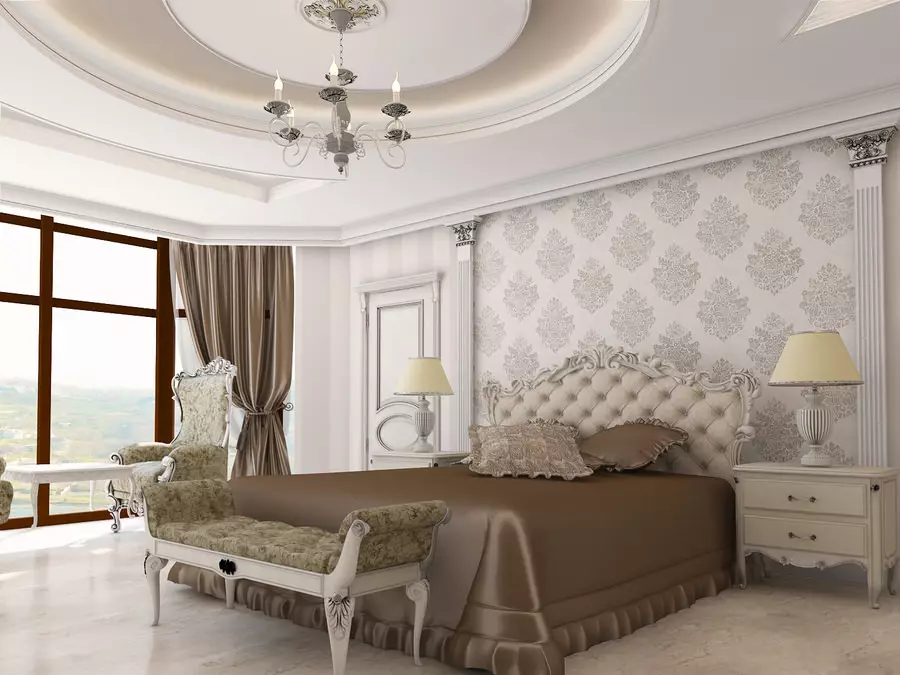 침실 고전적인 스타일 (72 사진) : 고전적인 디자인, 인테리어의 밝고 갈색 가구. 작은 침실과 큰 침실을위한 벽지 선택 9891_2