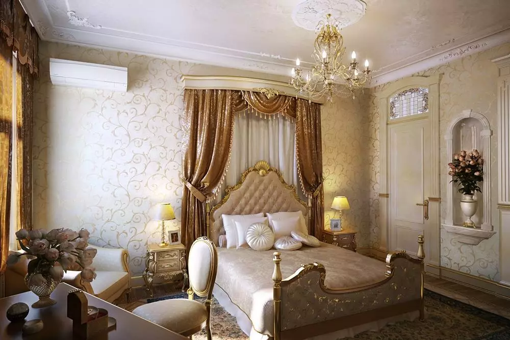 침실 고전적인 스타일 (72 사진) : 고전적인 디자인, 인테리어의 밝고 갈색 가구. 작은 침실과 큰 침실을위한 벽지 선택 9891_6