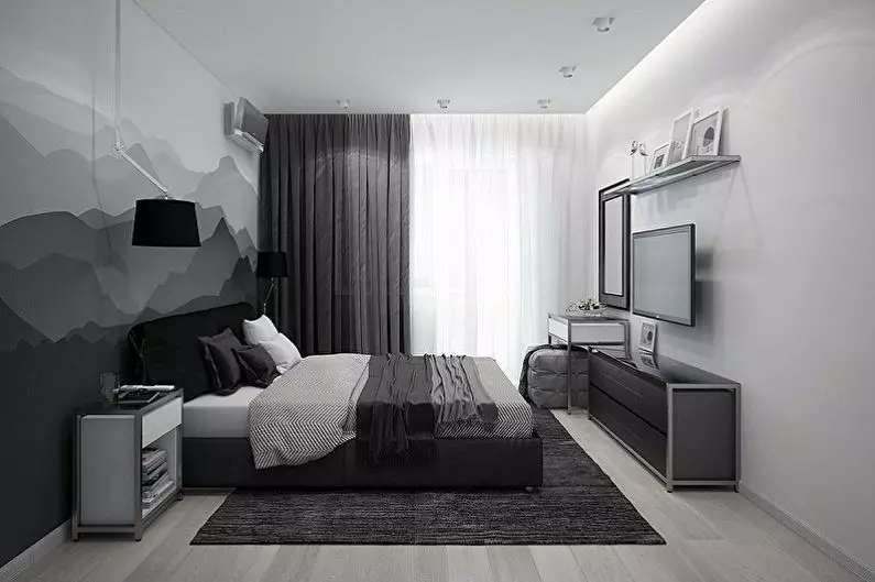 बेडरूम डिजाइन 19-20 केवी। एम (72 फोटो): एक ड्रेसिंग रूम और बालकनी 5 से 4 मीटर के साथ कमरे का इंटीरियर, एक आधुनिक शैली में आयताकार और अन्य बेडरूम का लेआउट 9897_15