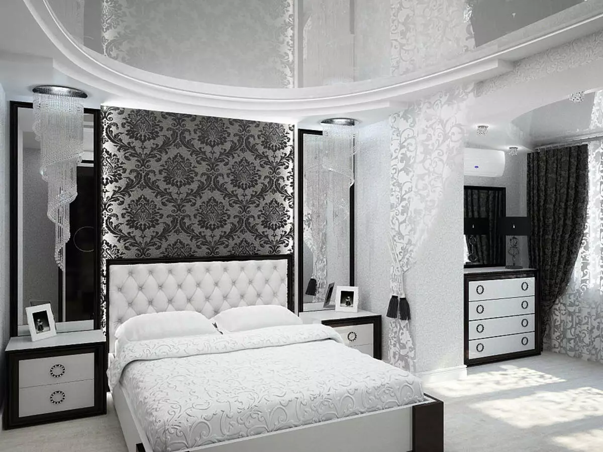 बेडरूम डिजाइन 19-20 केवी। एम (72 फोटो): एक ड्रेसिंग रूम और बालकनी 5 से 4 मीटर के साथ कमरे का इंटीरियर, एक आधुनिक शैली में आयताकार और अन्य बेडरूम का लेआउट 9897_16