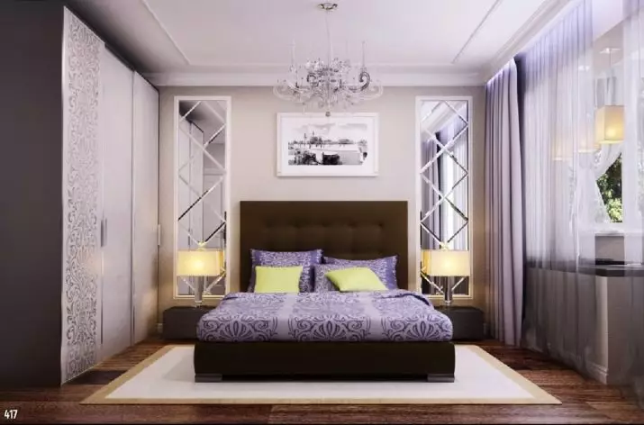 बेडरूम डिजाइन 19-20 केवी। एम (72 फोटो): एक ड्रेसिंग रूम और बालकनी 5 से 4 मीटर के साथ कमरे का इंटीरियर, एक आधुनिक शैली में आयताकार और अन्य बेडरूम का लेआउट 9897_2
