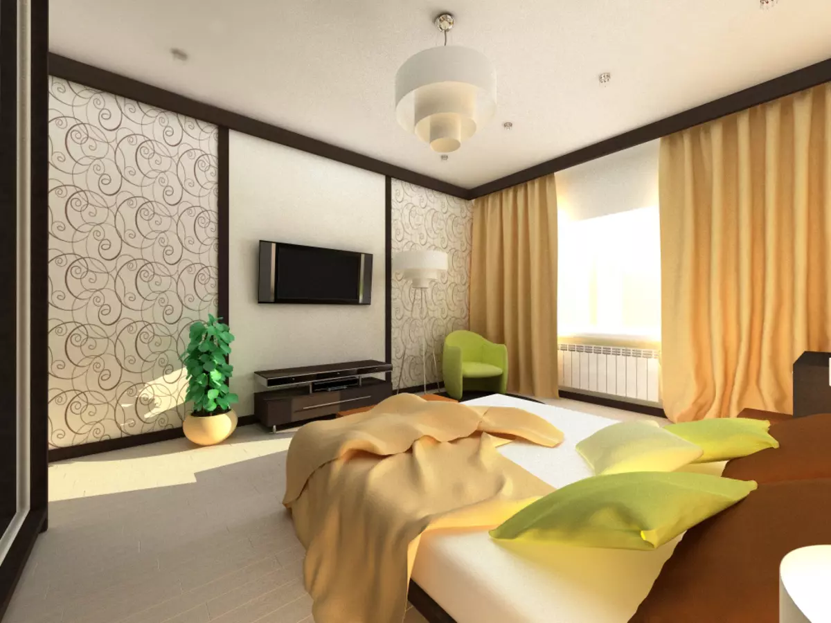 बेडरूम डिजाइन 19-20 केवी। एम (72 फोटो): एक ड्रेसिंग रूम और बालकनी 5 से 4 मीटर के साथ कमरे का इंटीरियर, एक आधुनिक शैली में आयताकार और अन्य बेडरूम का लेआउट 9897_35
