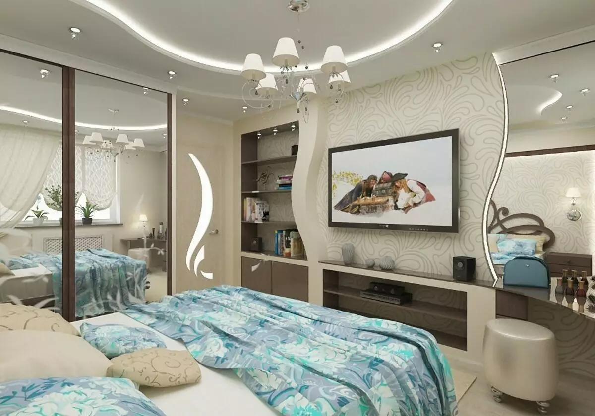 बेडरूम डिजाइन 19-20 केवी। एम (72 फोटो): एक ड्रेसिंग रूम और बालकनी 5 से 4 मीटर के साथ कमरे का इंटीरियर, एक आधुनिक शैली में आयताकार और अन्य बेडरूम का लेआउट 9897_39