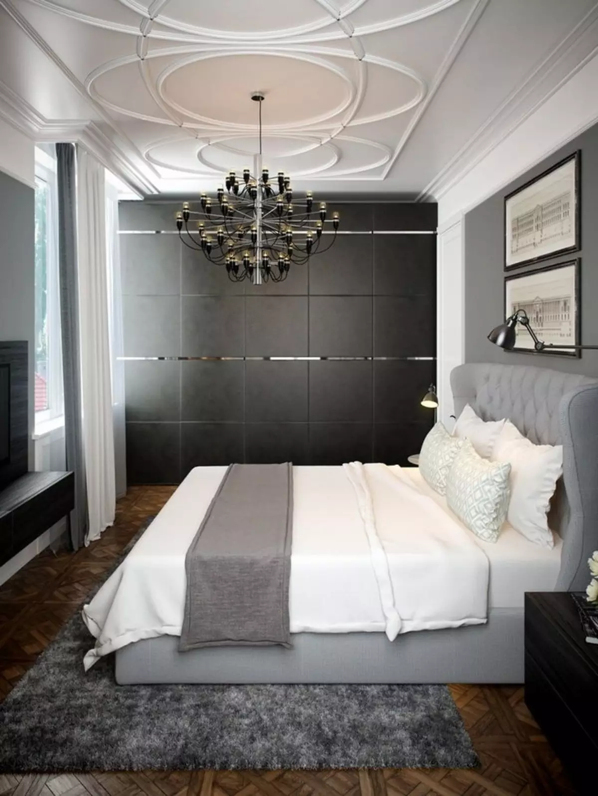 बेडरूम डिजाइन 19-20 केवी। एम (72 फोटो): एक ड्रेसिंग रूम और बालकनी 5 से 4 मीटर के साथ कमरे का इंटीरियर, एक आधुनिक शैली में आयताकार और अन्य बेडरूम का लेआउट 9897_4