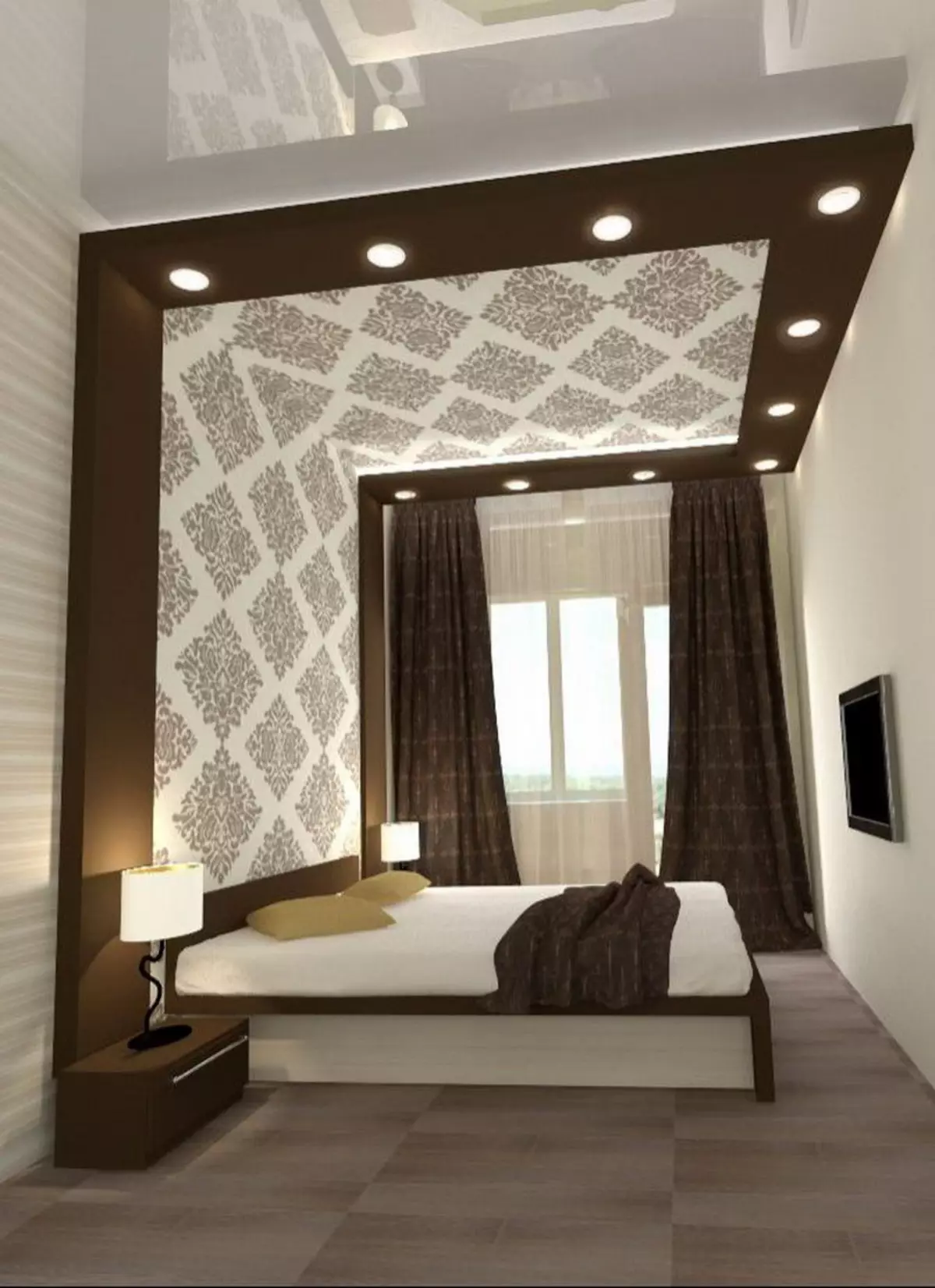 बेडरूम डिजाइन 19-20 केवी। एम (72 फोटो): एक ड्रेसिंग रूम और बालकनी 5 से 4 मीटर के साथ कमरे का इंटीरियर, एक आधुनिक शैली में आयताकार और अन्य बेडरूम का लेआउट 9897_5