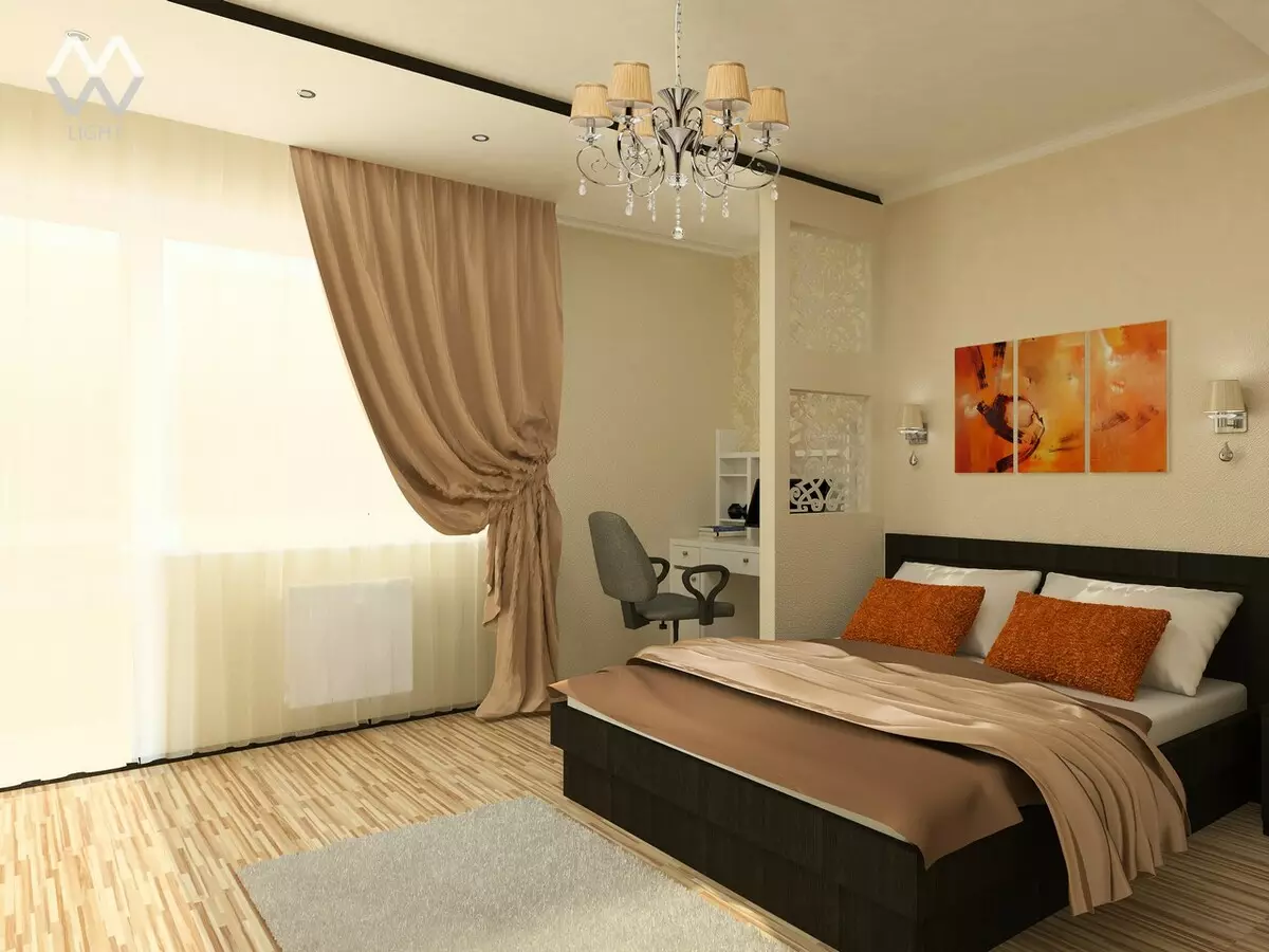 बेडरूम डिजाइन 19-20 केवी। एम (72 फोटो): एक ड्रेसिंग रूम और बालकनी 5 से 4 मीटर के साथ कमरे का इंटीरियर, एक आधुनिक शैली में आयताकार और अन्य बेडरूम का लेआउट 9897_54