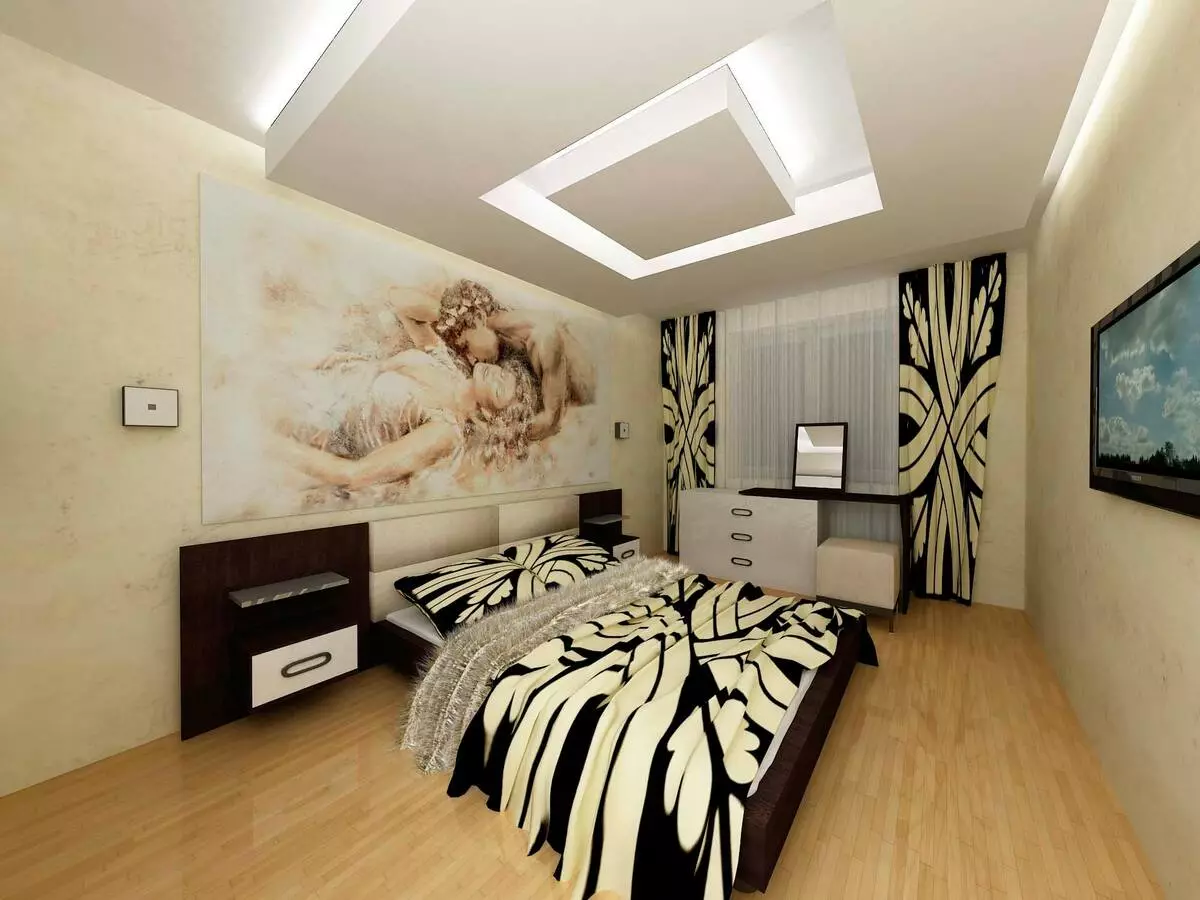 बेडरूम डिजाइन 19-20 केवी। एम (72 फोटो): एक ड्रेसिंग रूम और बालकनी 5 से 4 मीटर के साथ कमरे का इंटीरियर, एक आधुनिक शैली में आयताकार और अन्य बेडरूम का लेआउट 9897_55