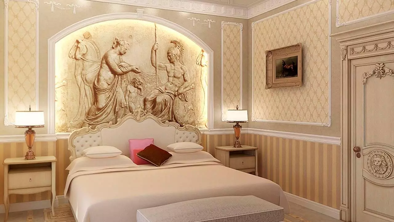 बेडरूम डिजाइन 19-20 केवी। एम (72 फोटो): एक ड्रेसिंग रूम और बालकनी 5 से 4 मीटर के साथ कमरे का इंटीरियर, एक आधुनिक शैली में आयताकार और अन्य बेडरूम का लेआउट 9897_56