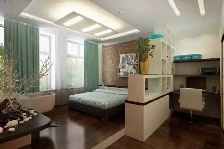 बेडरूम डिजाइन 19-20 केवी। एम (72 फोटो): एक ड्रेसिंग रूम और बालकनी 5 से 4 मीटर के साथ कमरे का इंटीरियर, एक आधुनिक शैली में आयताकार और अन्य बेडरूम का लेआउट 9897_58