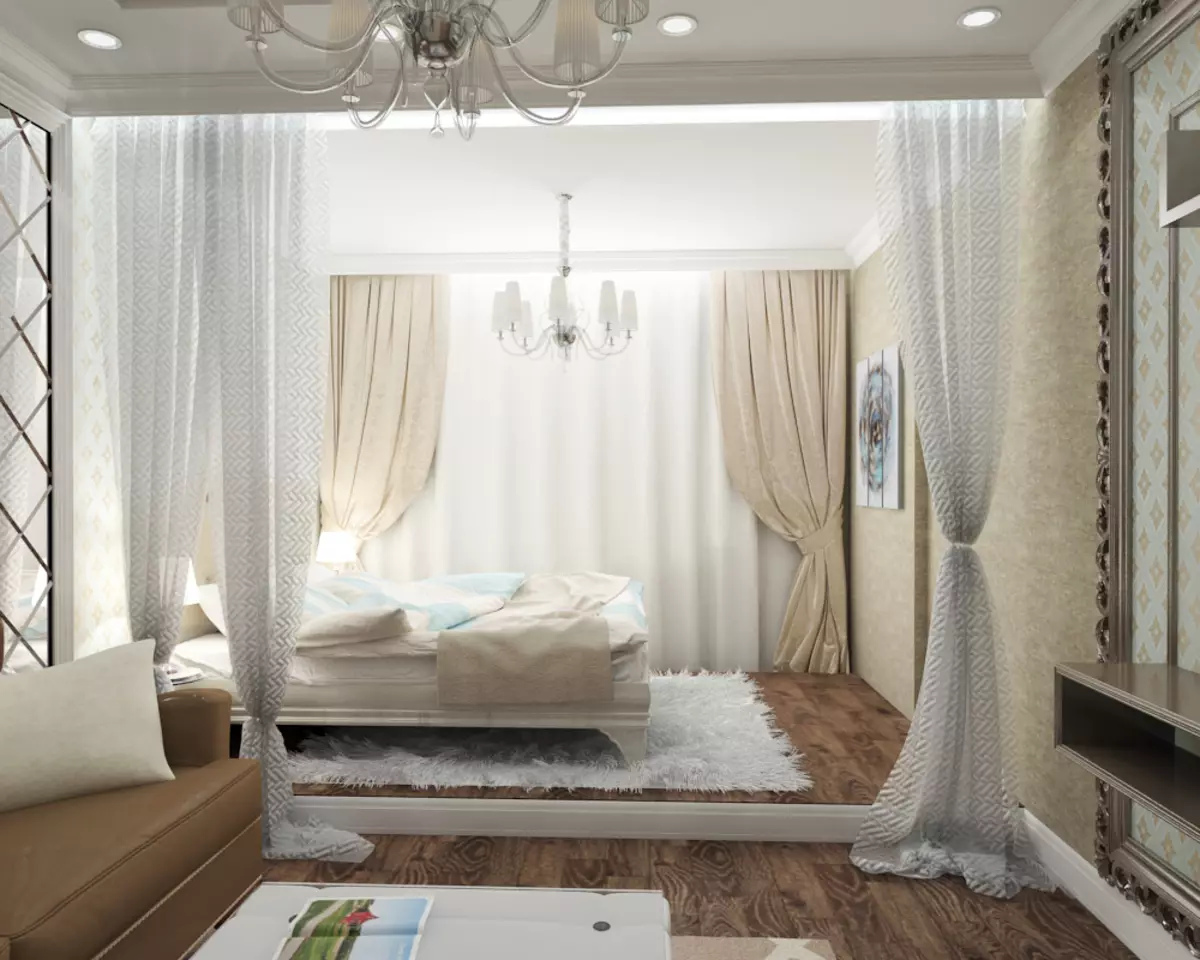 Спални со седишта 19-20 квадратни М. M (66 фотографии): Карактеристики на дизајнот на ентериер, опции за зонирање на една соба 9900_12