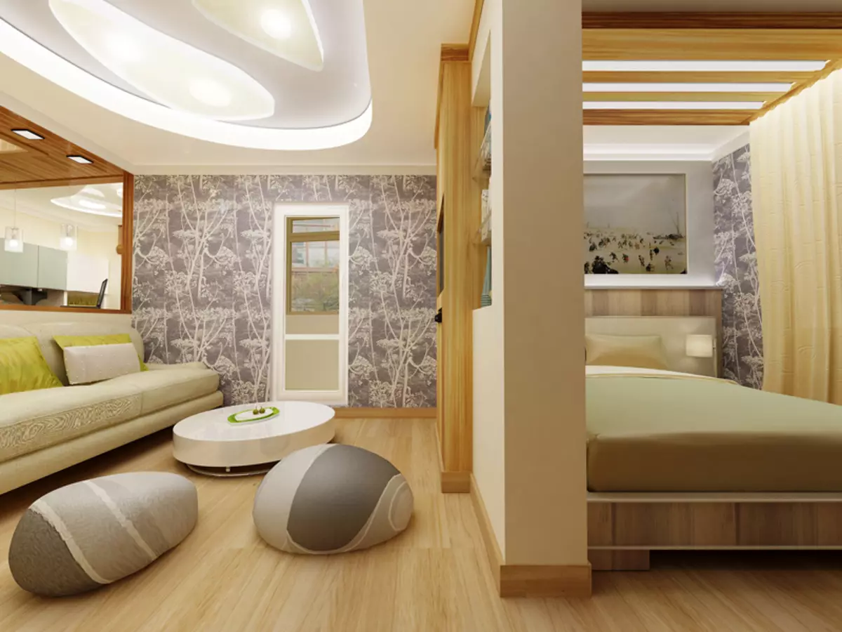 Спални со седишта 19-20 квадратни М. M (66 фотографии): Карактеристики на дизајнот на ентериер, опции за зонирање на една соба 9900_15