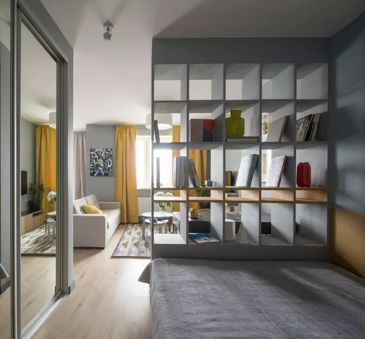 Dormitoare scaune 19-20 mp M (66 fotografii): Caracteristici de design interior, Opțiuni pentru zonarea o cameră 9900_62