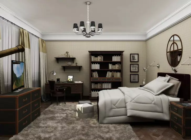 Англи хэв маягийн унтлагын өрөө (55 зураг): Дотоодын хөшиг, ханын цаасыг сонгох. Охидын болон эрэгтэй унтлагынхаа загварыг загварчлах сонголтууд, үндсэн мэдээлэл 9905_37