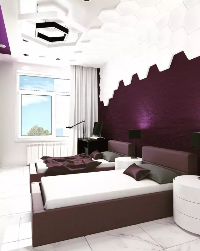 Висока технологија Спална соба (85 фотографии): Соба за внатрешен дизајн, спиење и друг мебел, лустер и кабинет за мала спална соба 9910_12
