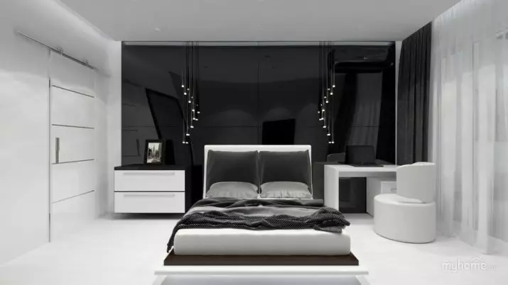 Висока технологија Спална соба (85 фотографии): Соба за внатрешен дизајн, спиење и друг мебел, лустер и кабинет за мала спална соба 9910_17