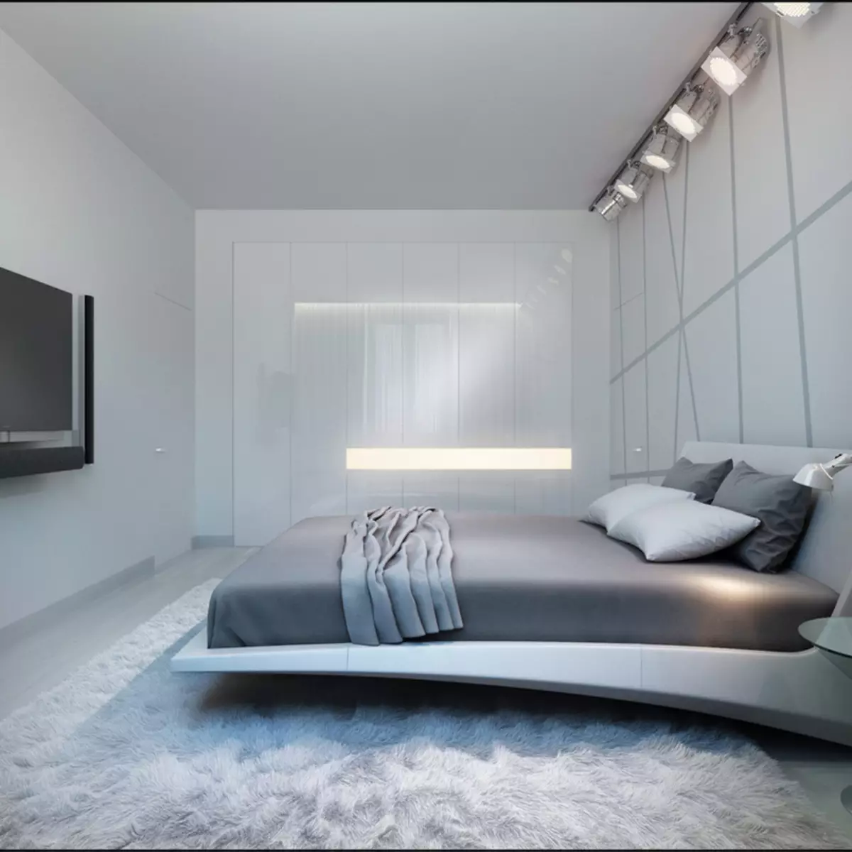 Висока технологија Спална соба (85 фотографии): Соба за внатрешен дизајн, спиење и друг мебел, лустер и кабинет за мала спална соба 9910_3