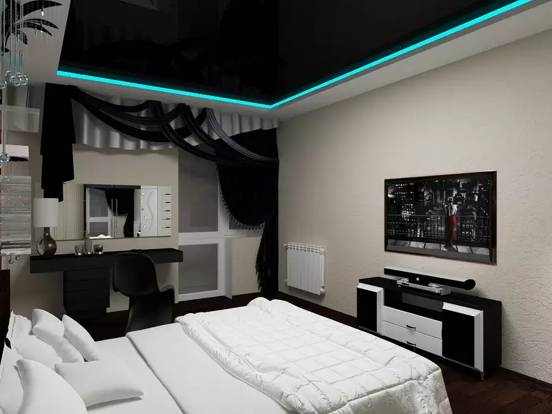 Висока технологија Спална соба (85 фотографии): Соба за внатрешен дизајн, спиење и друг мебел, лустер и кабинет за мала спална соба 9910_36