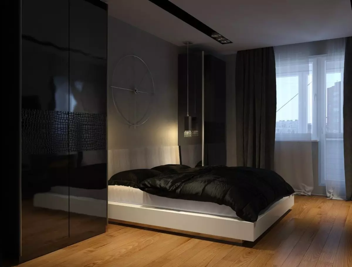 Висока технологија Спална соба (85 фотографии): Соба за внатрешен дизајн, спиење и друг мебел, лустер и кабинет за мала спална соба 9910_54