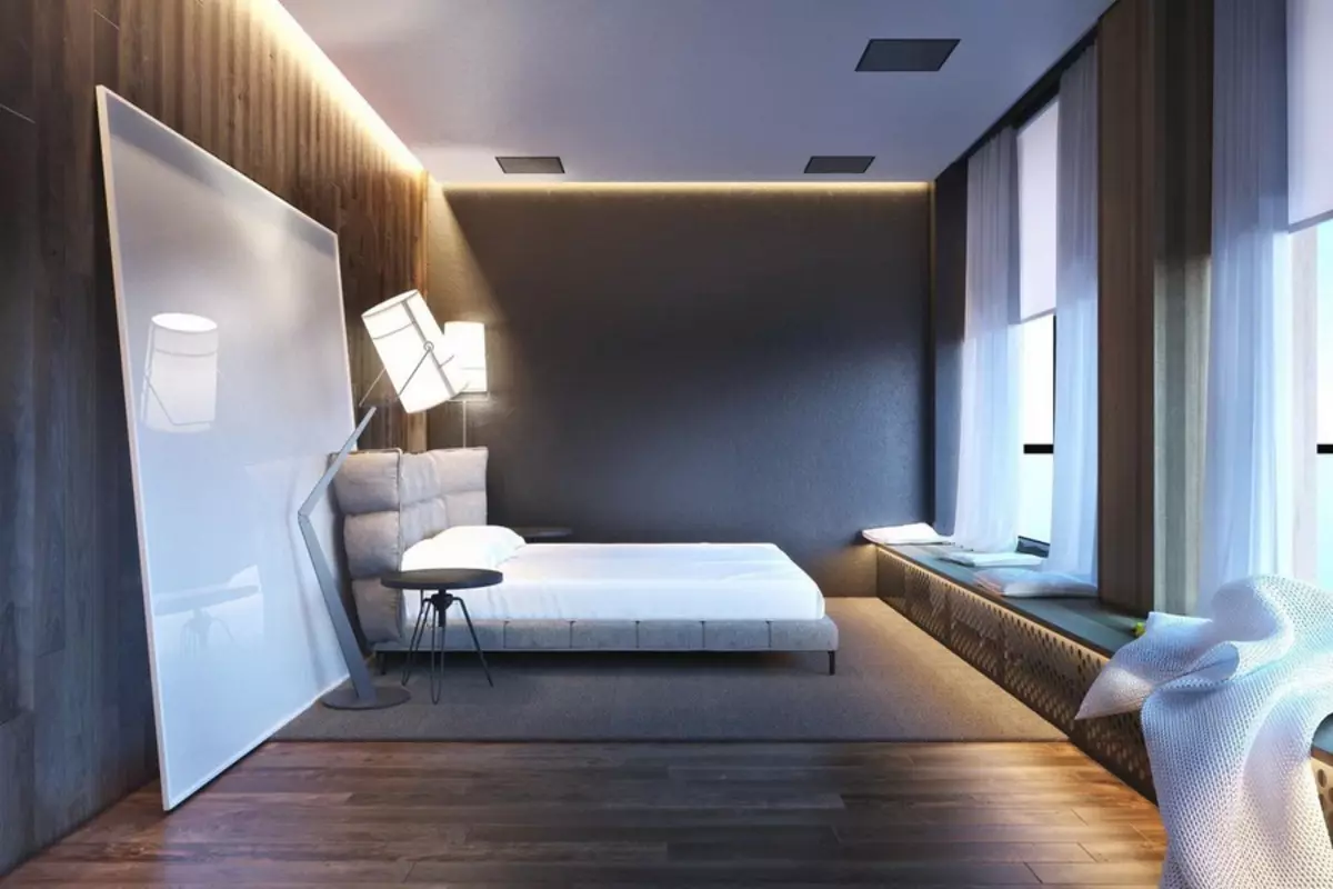 Висока технологија Спална соба (85 фотографии): Соба за внатрешен дизајн, спиење и друг мебел, лустер и кабинет за мала спална соба 9910_66
