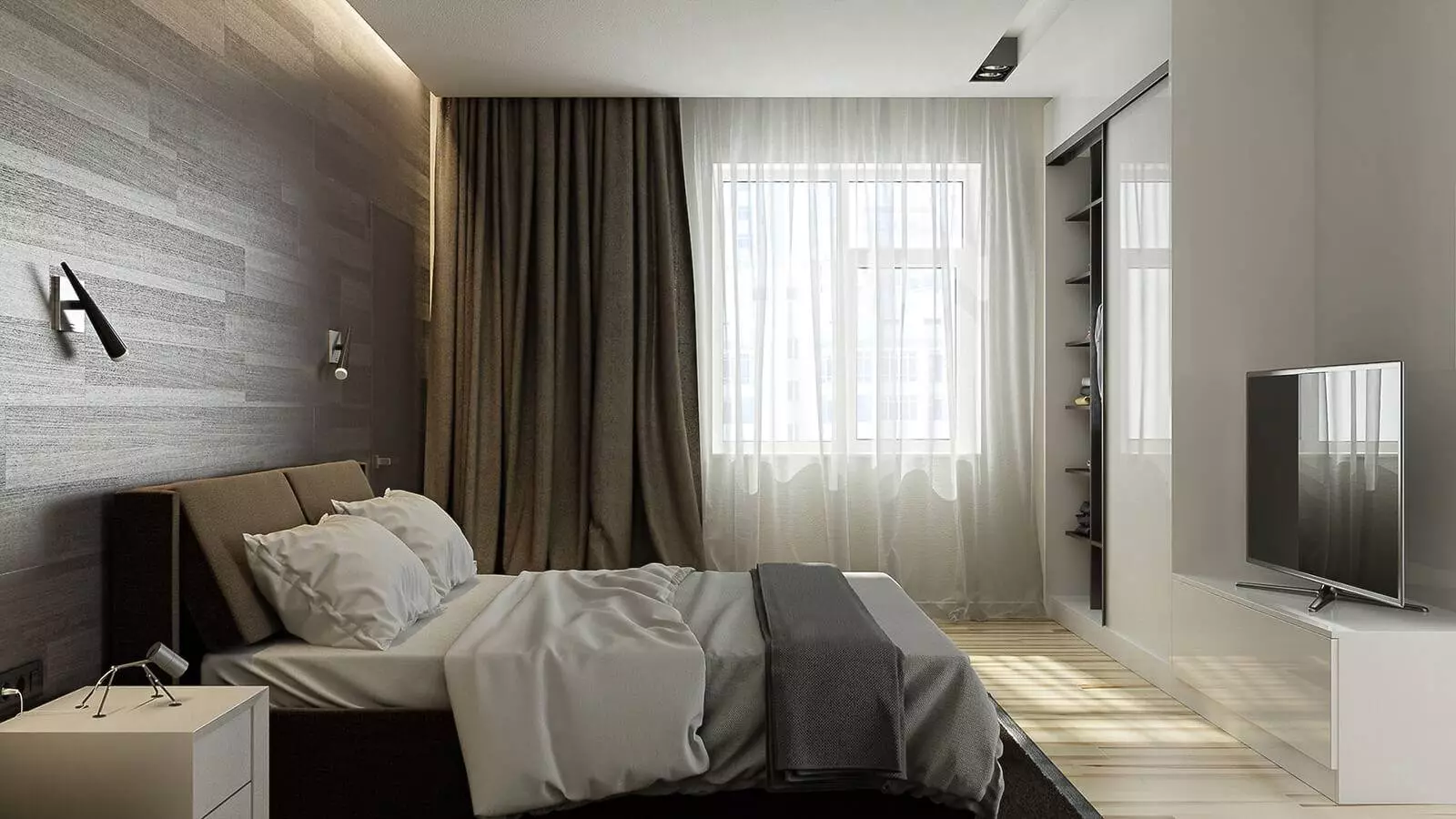 غرفة نوم بأسلوب عصري (102 صورة / صور): خيارات التصميم الداخلي. كيفية ترتيب غرفة بألوان زاهية؟ تصميم جميل بألوان بيضاء ورمادية حديثة 9914_88