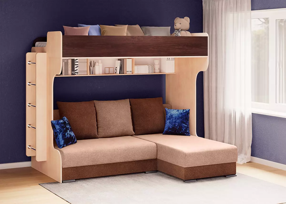 Awọn aja-aja pẹlu sofa (66 awọn fọto): Pẹlu sfapra ni isalẹ fun awọn obi ati awọn aṣayan ẹrọ iyipada meji-taer miiran, awọn awoṣe kika pẹlu agbegbe iṣẹ 9920_14