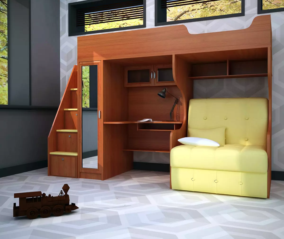 Легло-тата с диван (66 снимки): с диван на дъното за родители и други двустепенни опции за трансформатор, сгъваеми модели с работна зона 9920_17
