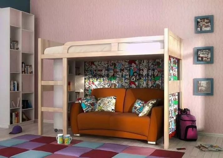 Gác mái giường với ghế sofa (66 ảnh): với ghế sofa ở phía dưới cho cha mẹ và các tùy chọn biến áp hai tầng khác, các mô hình gấp với một khu vực làm việc 9920_2