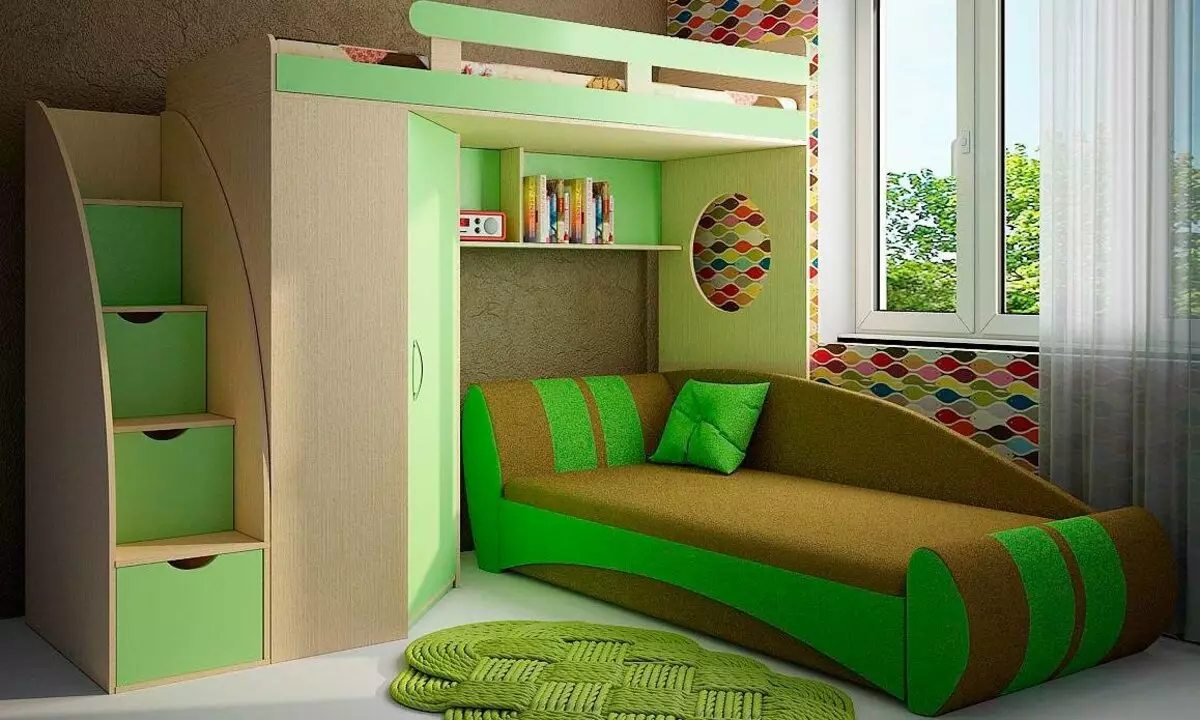 Bed-vindsugare med en soffa (66 bilder): med en soffa längst ner för föräldrar och andra två-tier-transformatorer, vikningsmodeller med ett arbetsområde 9920_22