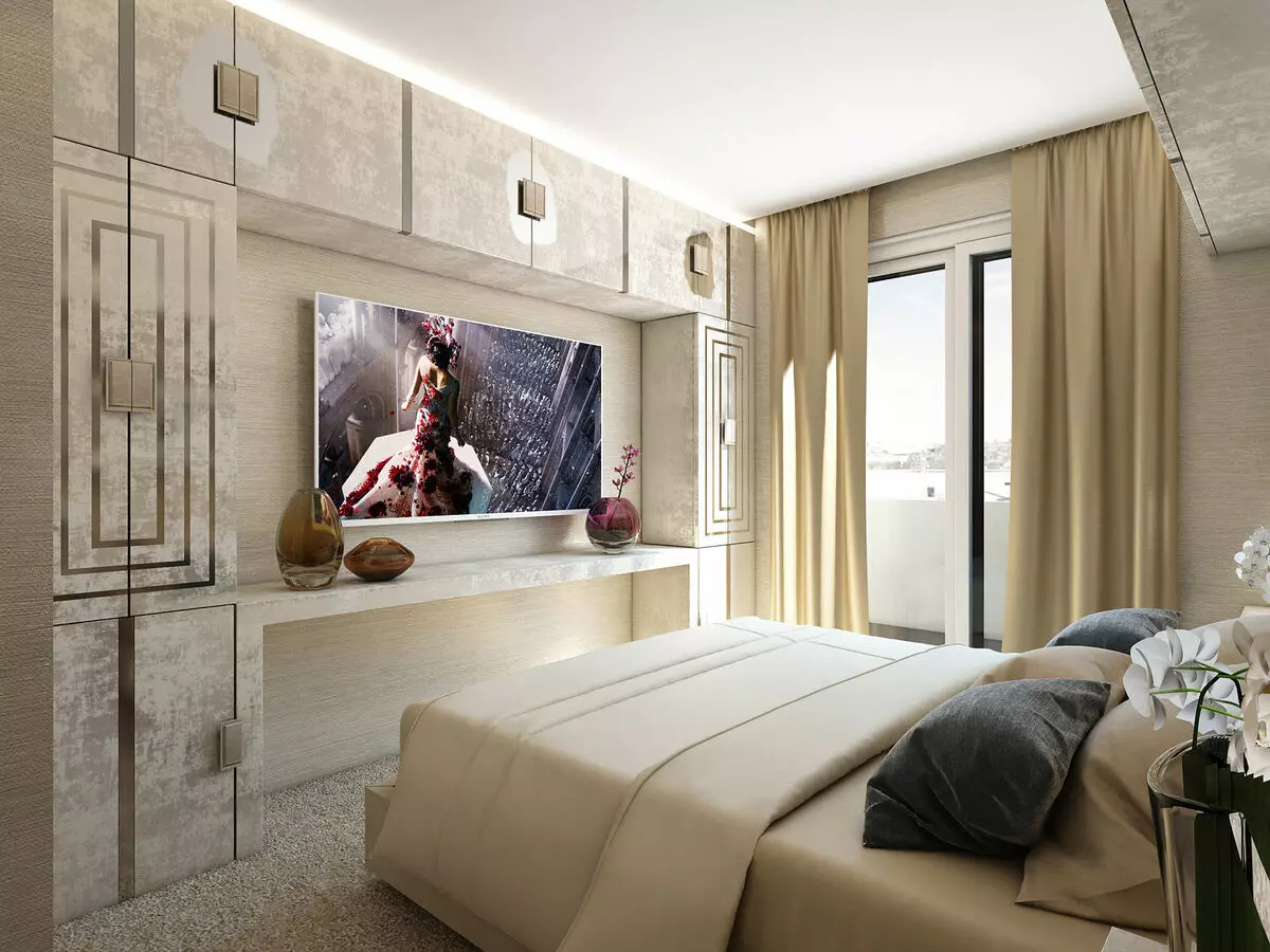 Opções para colocação da TV no quarto (37 fotos): Qual é a altura do chão para pendurar uma TV na parede? Exemplos da instalação das opções de TV e Design 9933_6