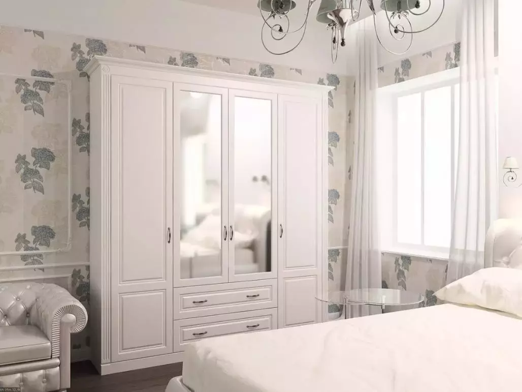 White bedroom cabinets (65 mga larawan): Corner cabinets na may swing door at gloss, classic built-in na mga modelo na may mirror at iba pang mga pagpipilian 9940_33