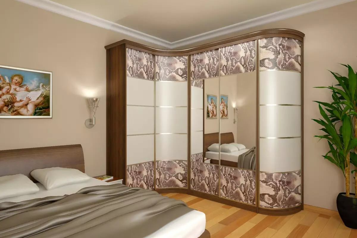 Armaris de cantonada al dormitori (79 fotos): disseny idees de petits caps incrustats i armaris modulars amb un mirall, dibuixos d'armaris angulars 9942_45
