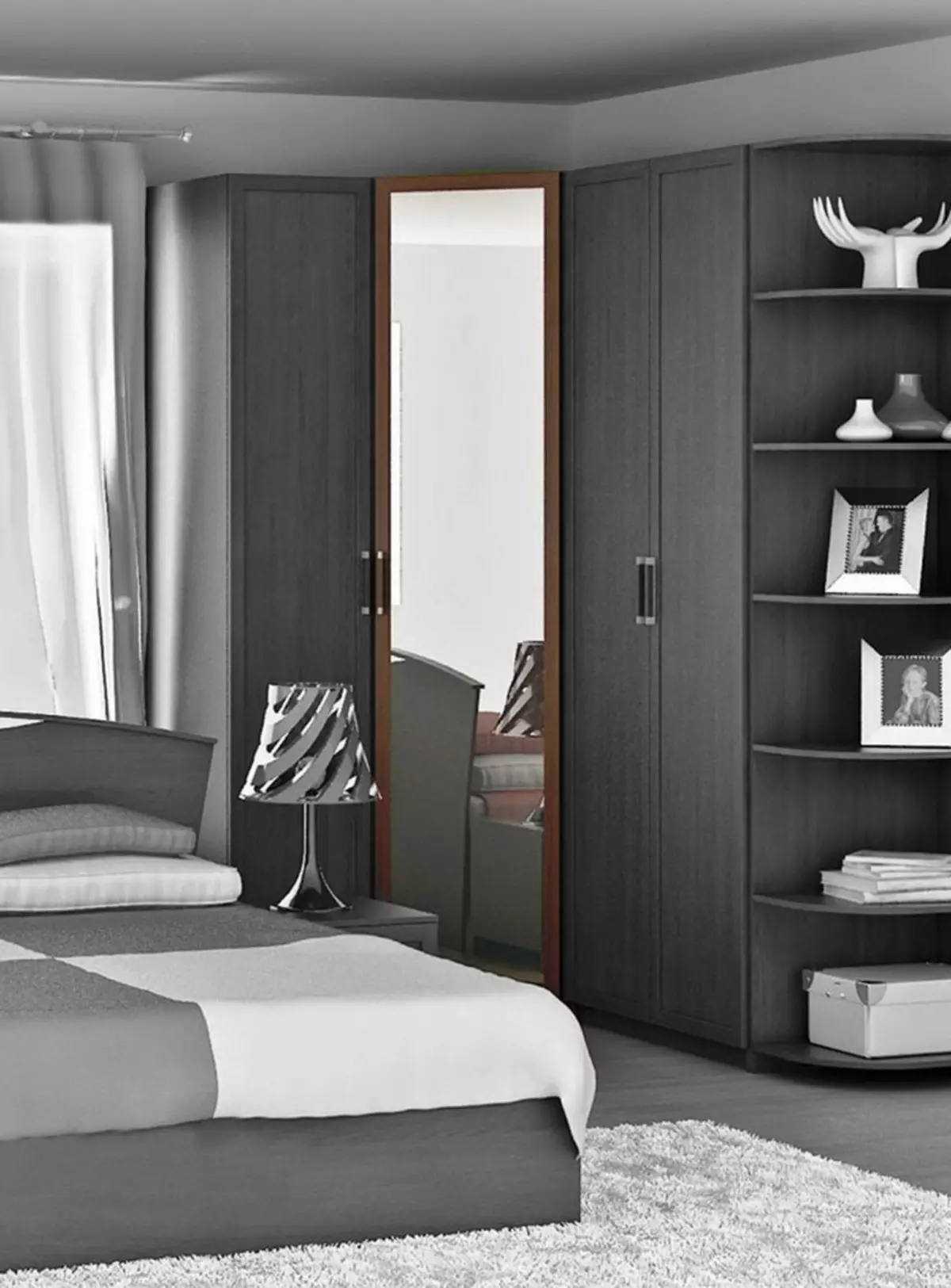 Nurgakapid magamistoas (79 fotot): väikeste sisseehitatud peade ja modulaarsete kappide disaini ideed peegliga, nurkade riidekappide joonised 9942_5