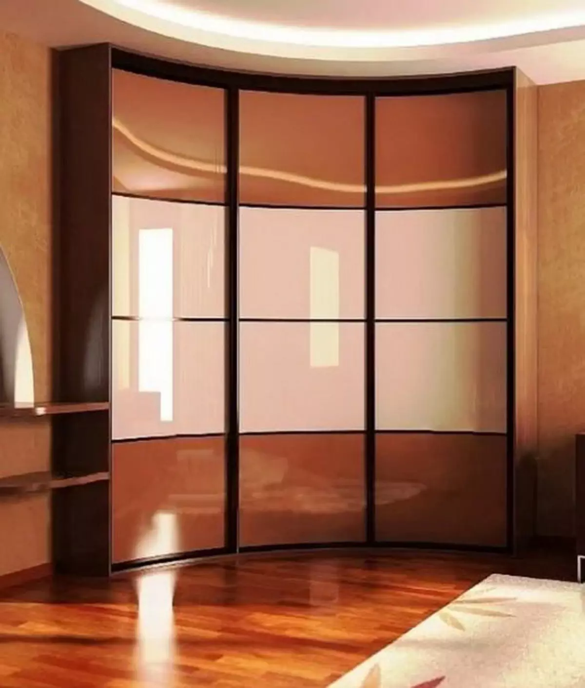 Nurgakapid magamistoas (79 fotot): väikeste sisseehitatud peade ja modulaarsete kappide disaini ideed peegliga, nurkade riidekappide joonised 9942_7