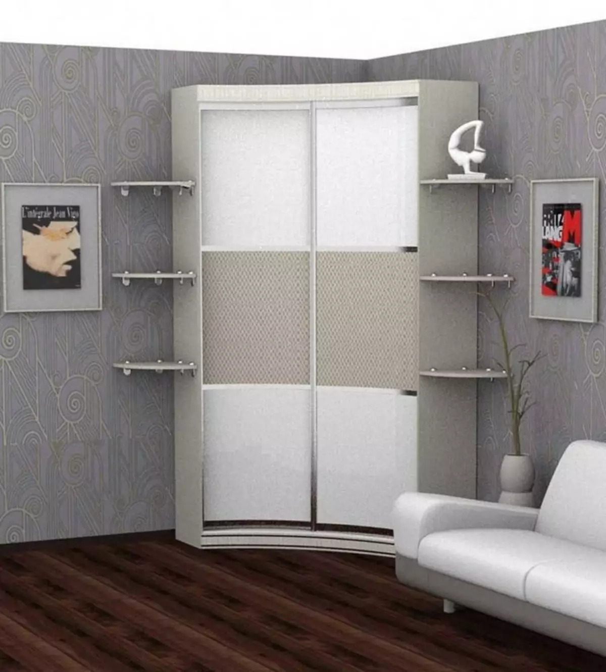 Armaris de cantonada al dormitori (79 fotos): disseny idees de petits caps incrustats i armaris modulars amb un mirall, dibuixos d'armaris angulars 9942_9