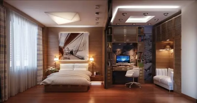 Yatak odası nasıl döşenir? 56 fotoğraf partilere mobilya nasıl koymak? Uzayın ergonomisi ile bir yatak nasıl yerleştirilir? 9943_45