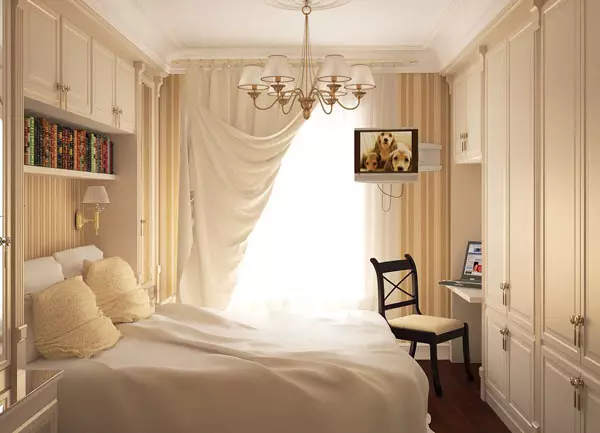 Yatak odası nasıl döşenir? 56 fotoğraf partilere mobilya nasıl koymak? Uzayın ergonomisi ile bir yatak nasıl yerleştirilir? 9943_6