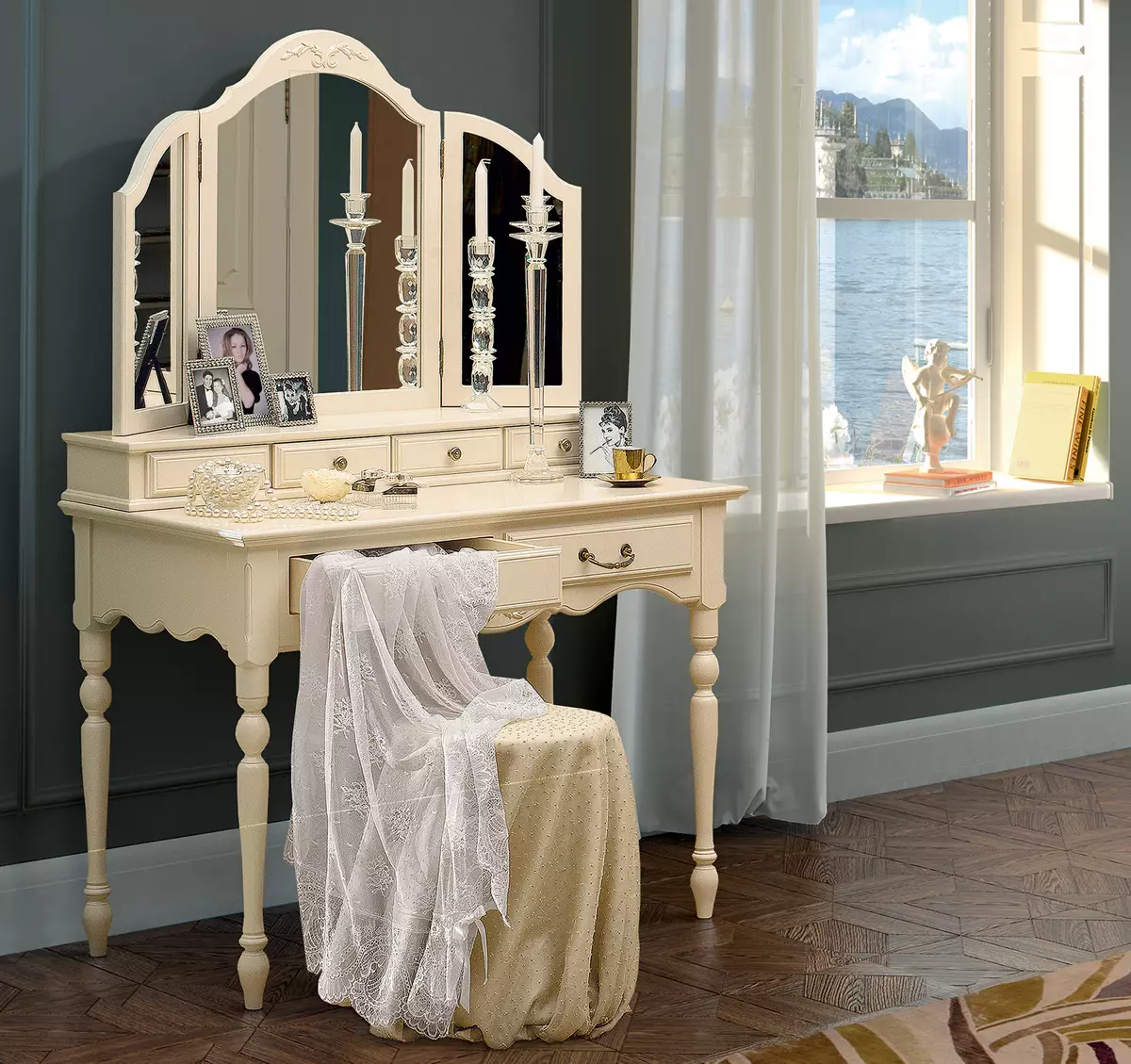 Trūša un troļļi guļamistabā: leņķa spoguļu izmēri, balts trīce un citu toņu modeļi 9952_24