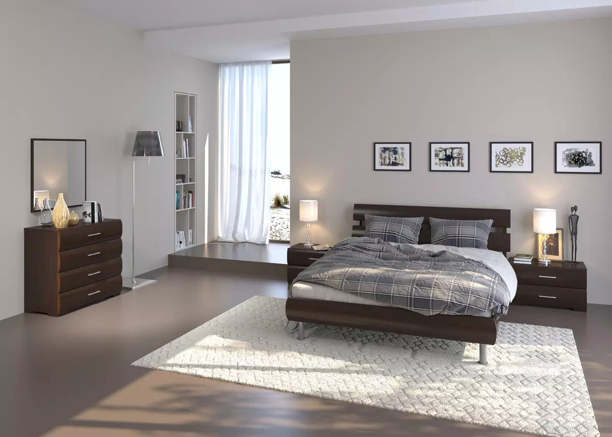 Спални за спалната соба: Димензии на високи суспендирани модели, тесни бели штандови, висински стандарди за стакло и други модели 9960_16