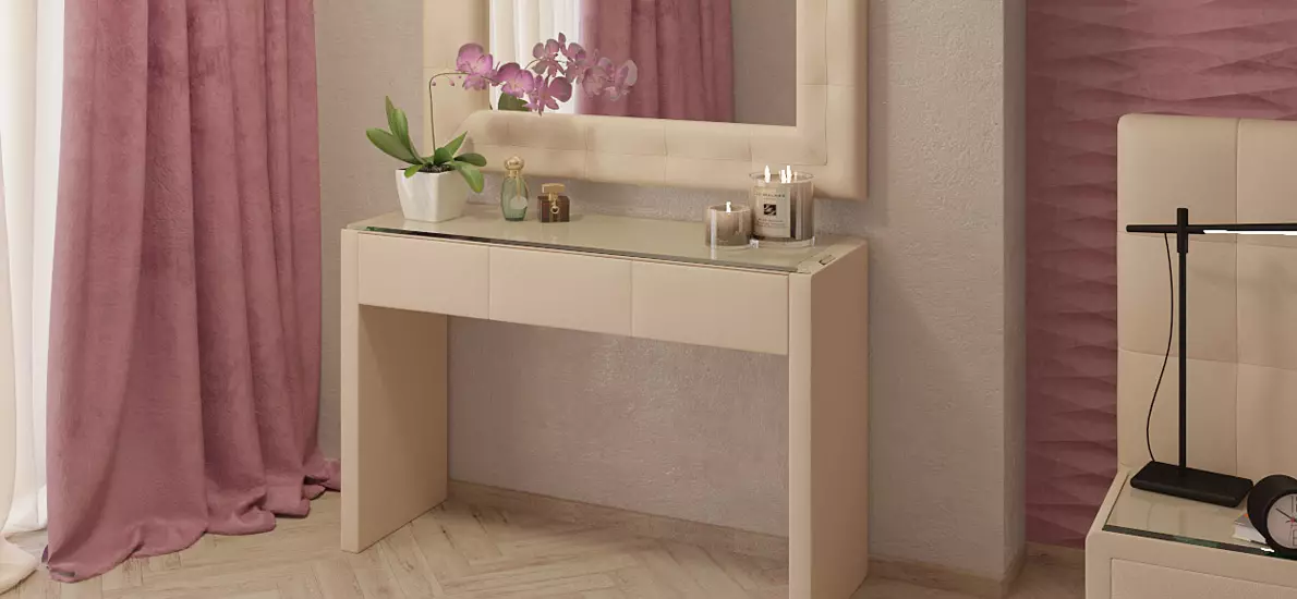 Makuuhuoneessa WC-pöydät (54 valokuvaa): Kuulokkeet, joissa on roikkuu wc-taulukko, jossa on kulmapöydän peili, koko ja muotoilu, valkoinen konsoli sisätilassa 9962_16
