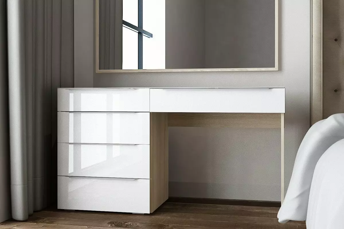 Soveværelse toiletborde (54 billeder): Headset med et hængende toiletbord med et spejl, størrelser og design af vinkelbordet, en hvid konsol i interiøret 9962_8