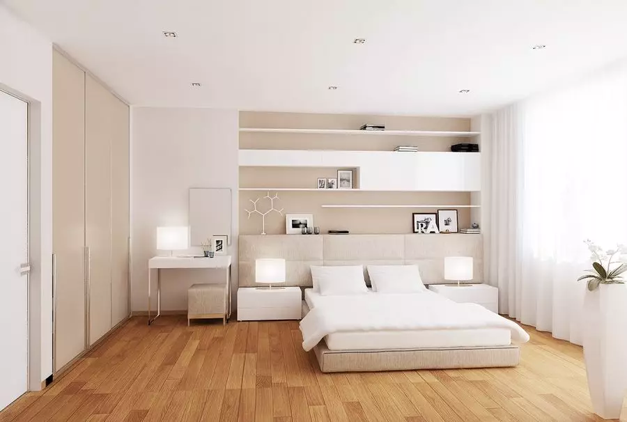Spavaća soba s bijelom krevetu (40 fotografija): Prekrasna primjeri enterijera sa krevetom od eko-drvo i željezo bijele 9963_35